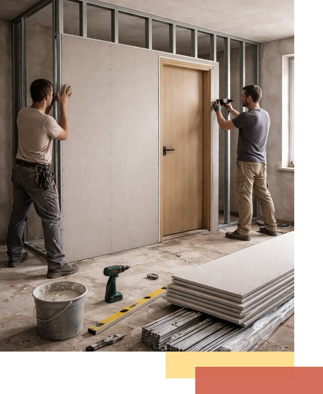 Перегородка из гипсокартона с дверью под ключ в Абакане