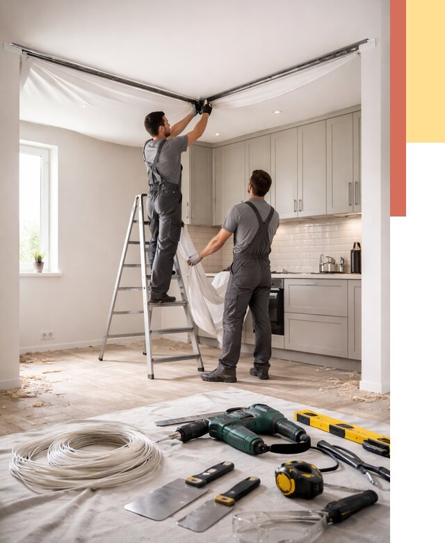 Установка натяжного потолка на кухне в Абакане от 2452 руб. | ОТДЕЛОЧНИК-Бкн