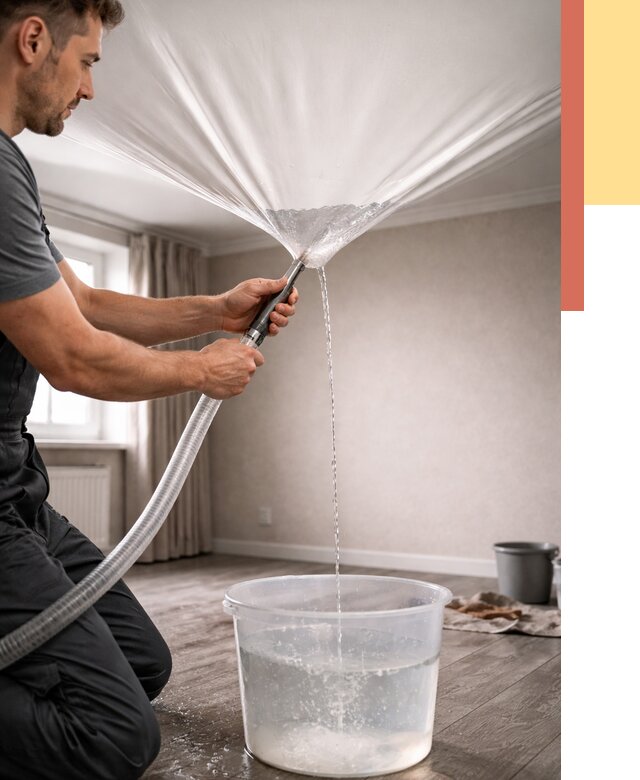 Слив воды с натяжного потолка в Абакане от 2554 руб. быстро и недорого | ОТДЕЛОЧНИК-Бкн