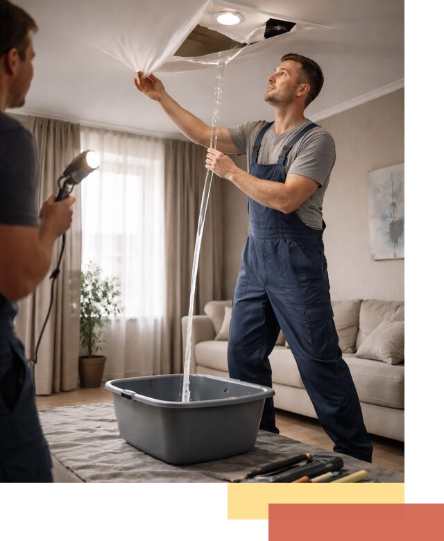 Слив воды с натяжного потолка в Абакане быстро и аккуратно